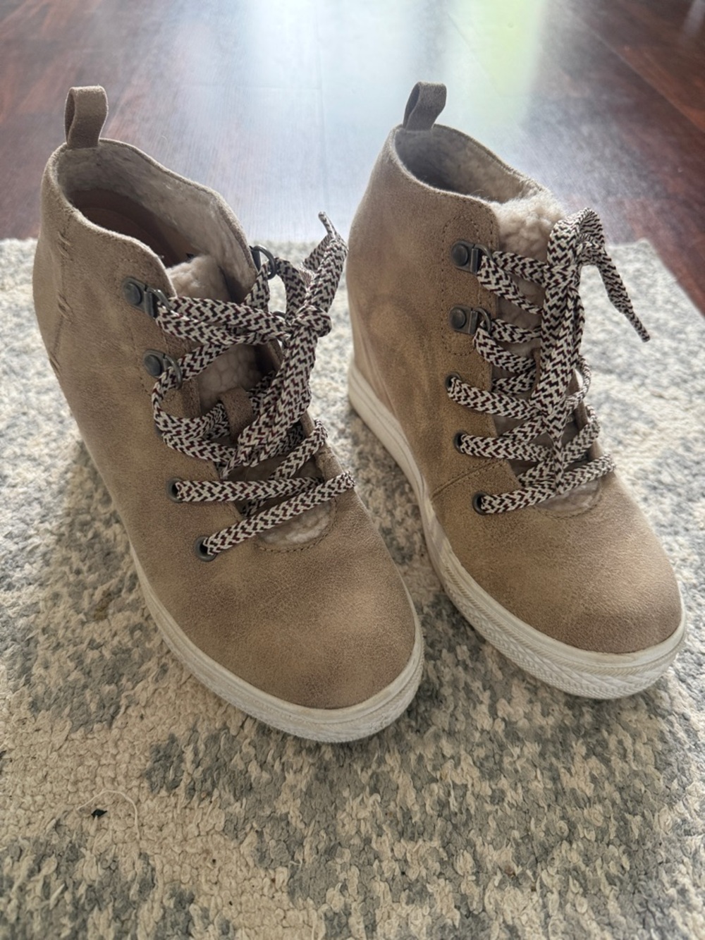 Not Rated Taupe Suede Lace-Up Wedge Boots with Patterned Laces